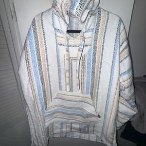Baja Hoodie Drug Rug Mexican Pullover Hoodie Woven Striped Large